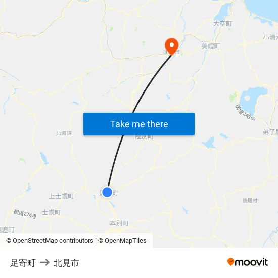 足寄町 to 北見市 map