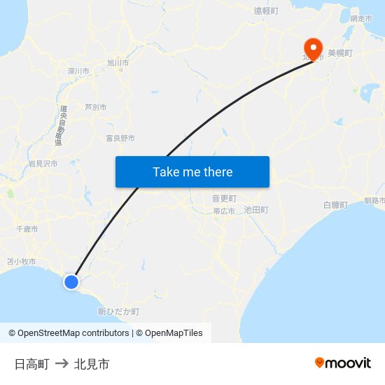 日高町 to 北見市 map