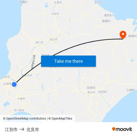 江別市 to 北見市 map