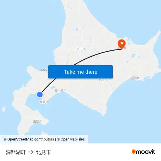 洞爺湖町 to 北見市 map