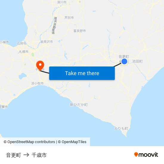 音更町 to 千歳市 map