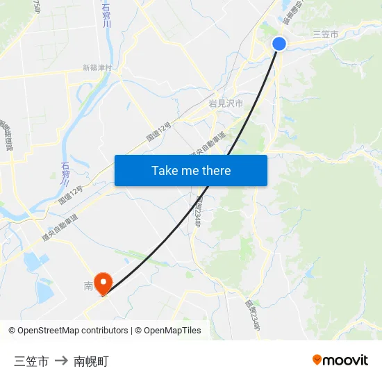 三笠市 to 南幌町 map