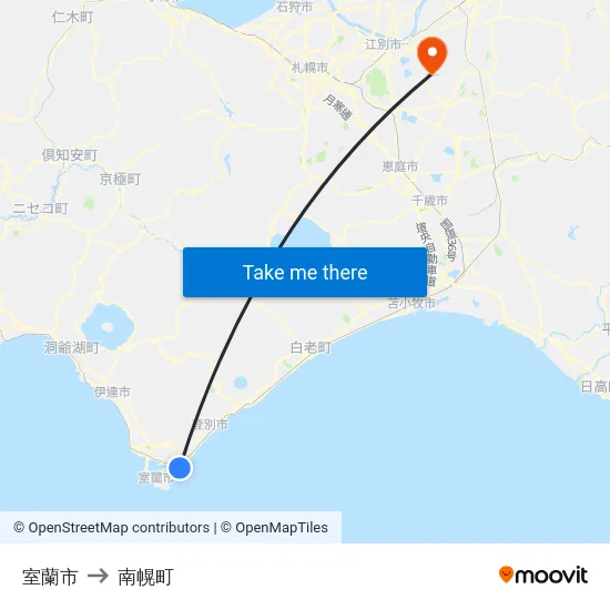 室蘭市 to 南幌町 map