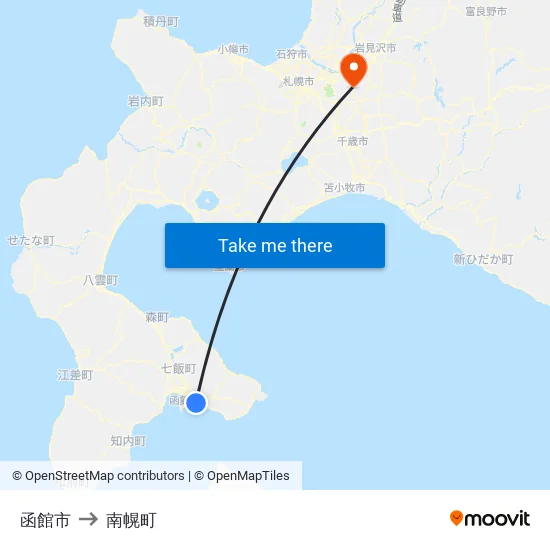 函館市 to 南幌町 map