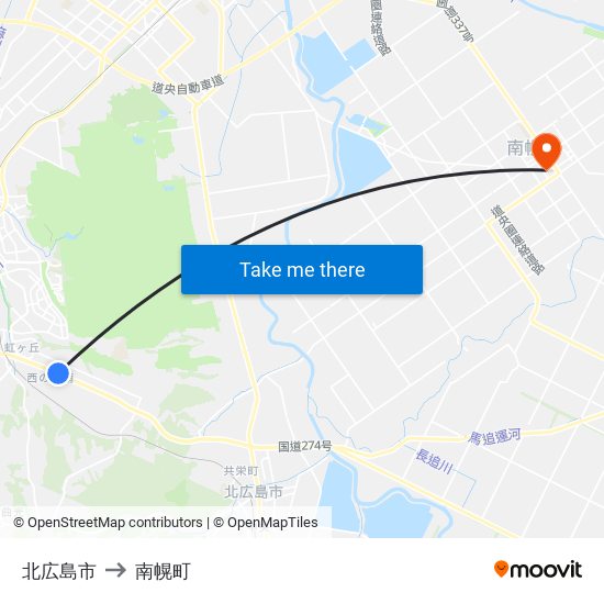 北広島市 to 南幌町 map