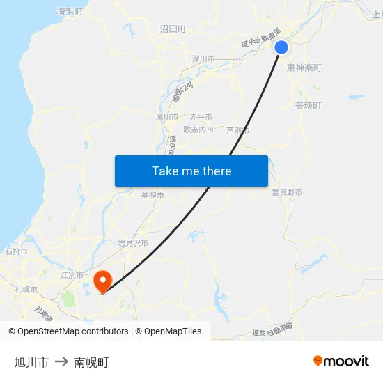旭川市 to 南幌町 map