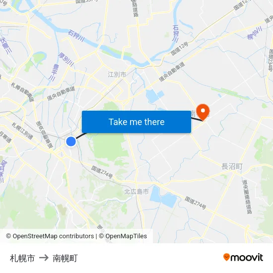 札幌市 to 南幌町 map