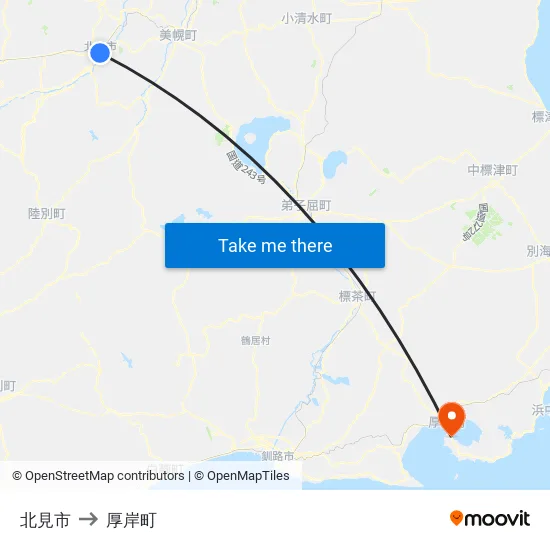 北見市 to 厚岸町 map