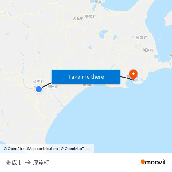 帯広市 to 厚岸町 map