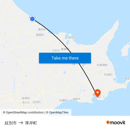 紋別市 to 厚岸町 map