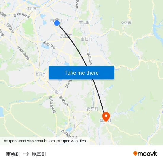 南幌町 to 厚真町 map
