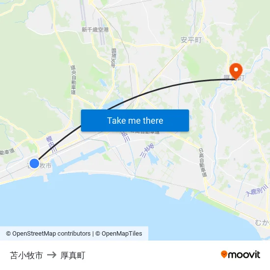 苫小牧市 to 厚真町 map
