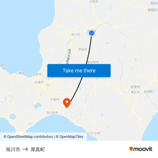 旭川市 to 厚真町 map