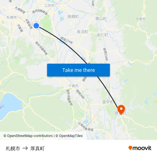 札幌市 to 厚真町 map