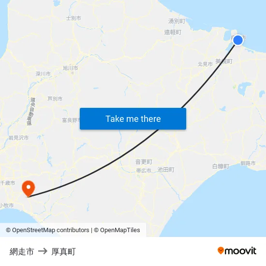 網走市 to 厚真町 map