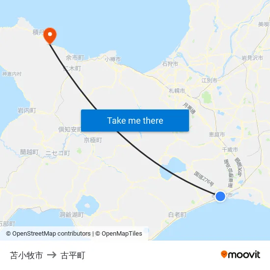苫小牧市 to 古平町 map
