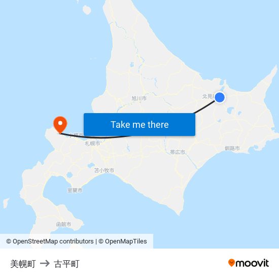 美幌町 to 古平町 map