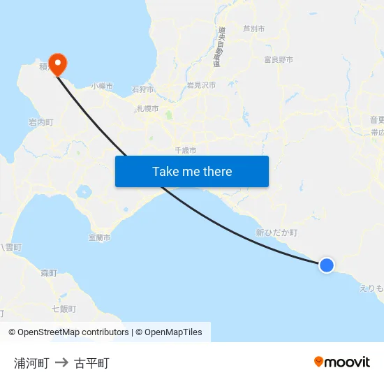 浦河町 to 古平町 map