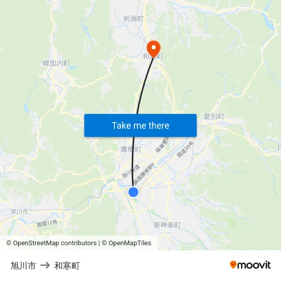 旭川市 to 和寒町 map
