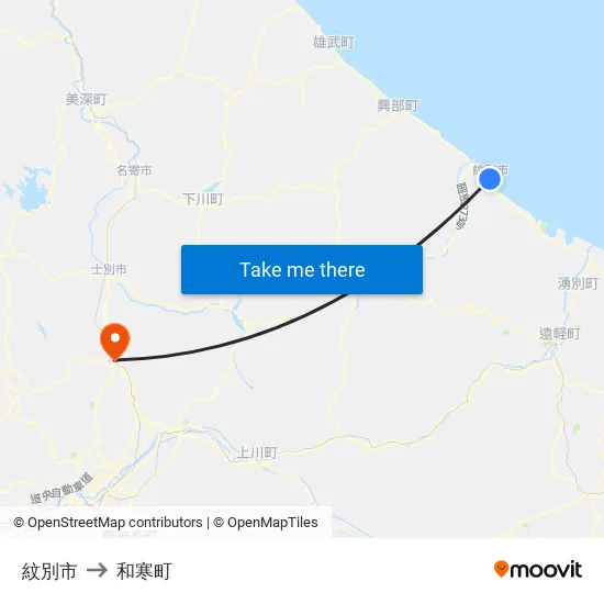 紋別市 to 和寒町 map
