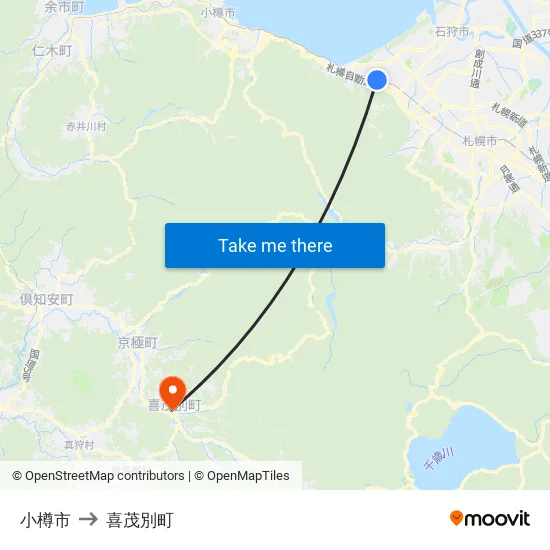 小樽市 to 喜茂別町 map