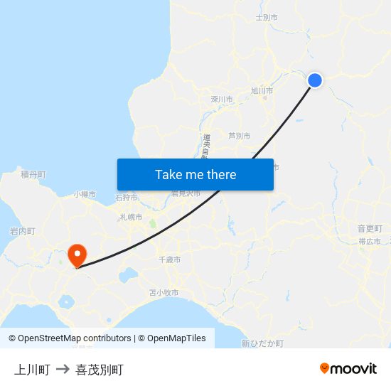上川町 to 喜茂別町 map