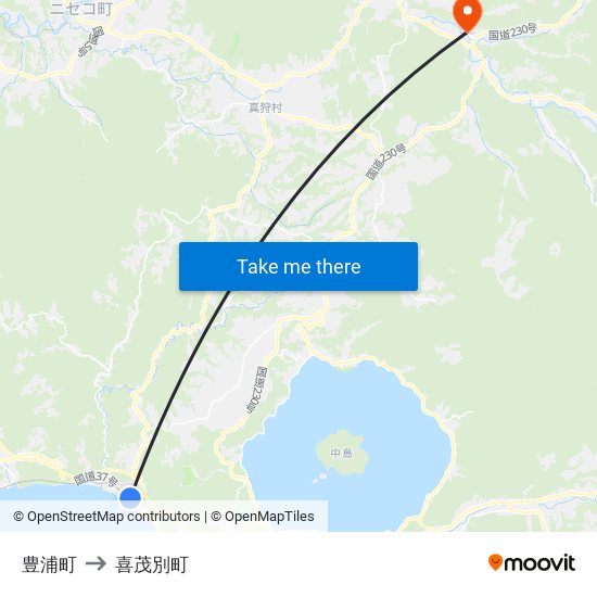 豊浦町 to 喜茂別町 map