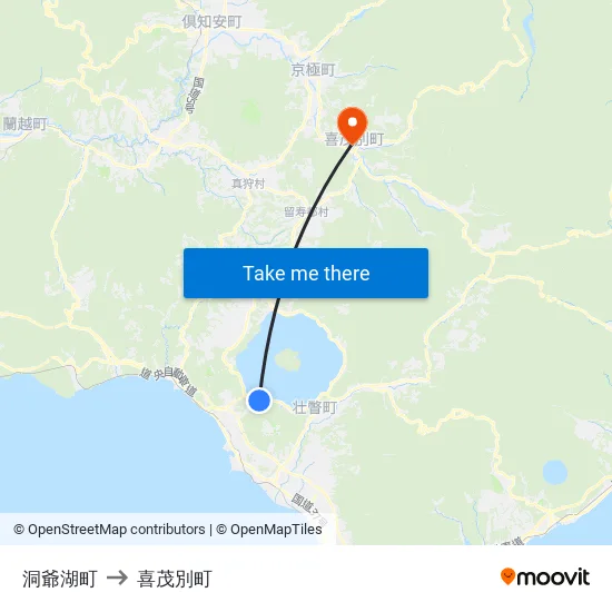 洞爺湖町 to 喜茂別町 map
