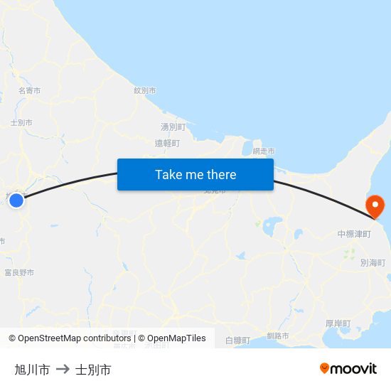 旭川市 to 士別市 map