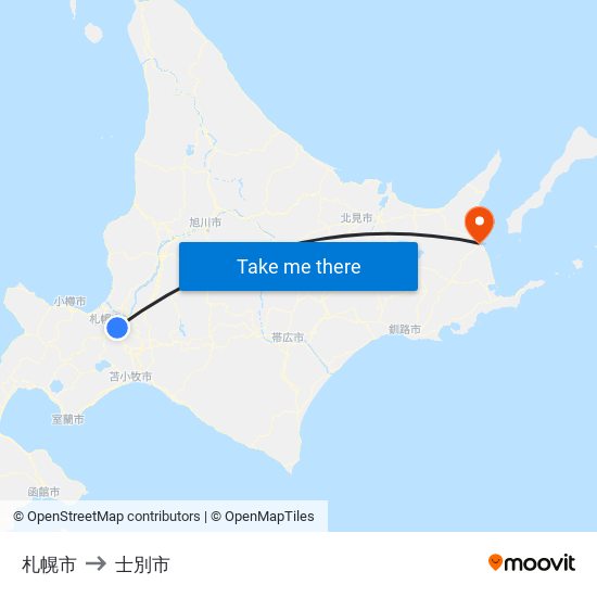札幌市 to 士別市 map