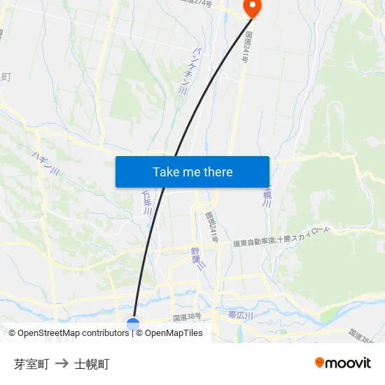 芽室町 to 士幌町 map