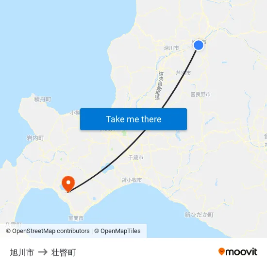旭川市 to 壮瞥町 map