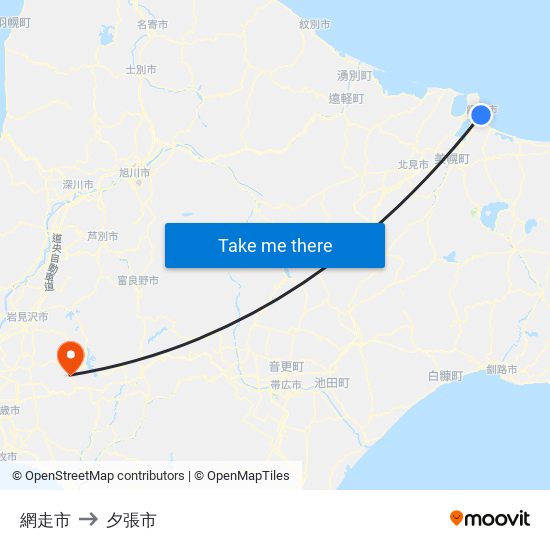 網走市 to 夕張市 map