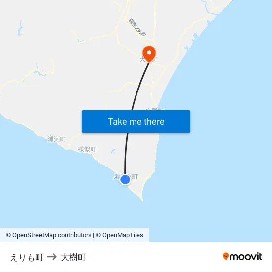 えりも町 to 大樹町 map