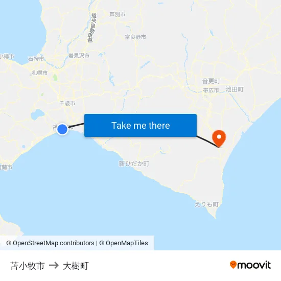 苫小牧市 to 大樹町 map