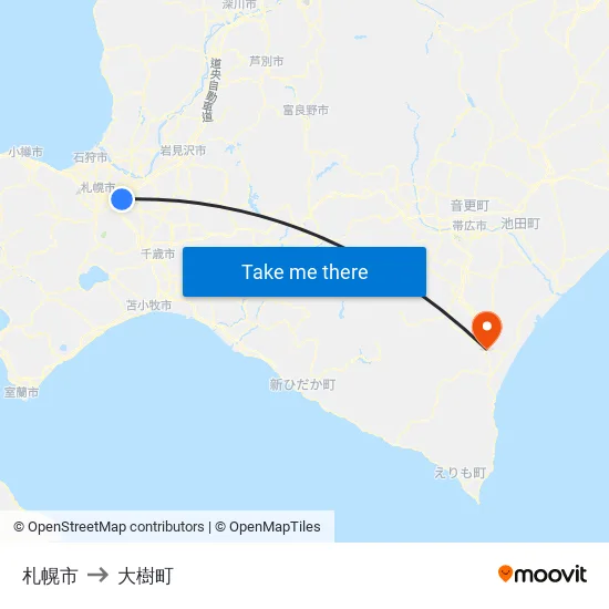 札幌市 to 大樹町 map