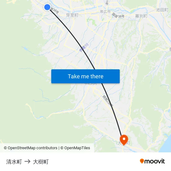 清水町 to 大樹町 map