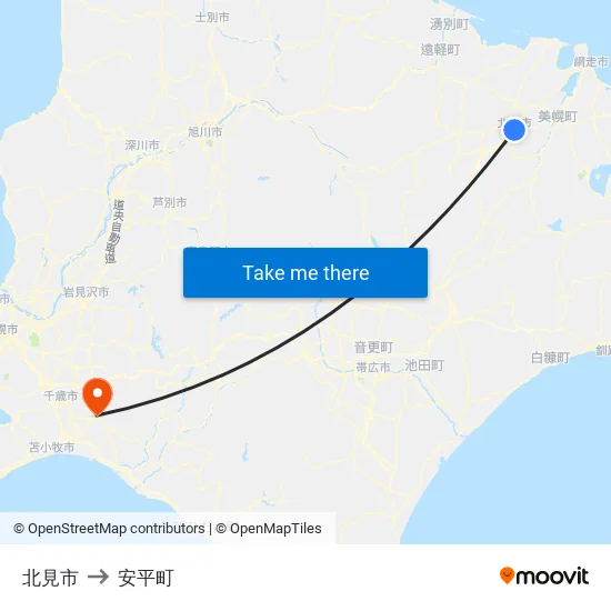 北見市 to 安平町 map
