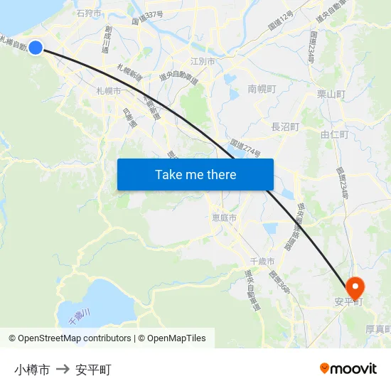 小樽市 to 安平町 map