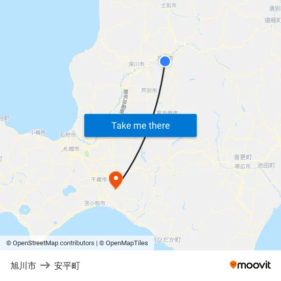 旭川市 to 安平町 map