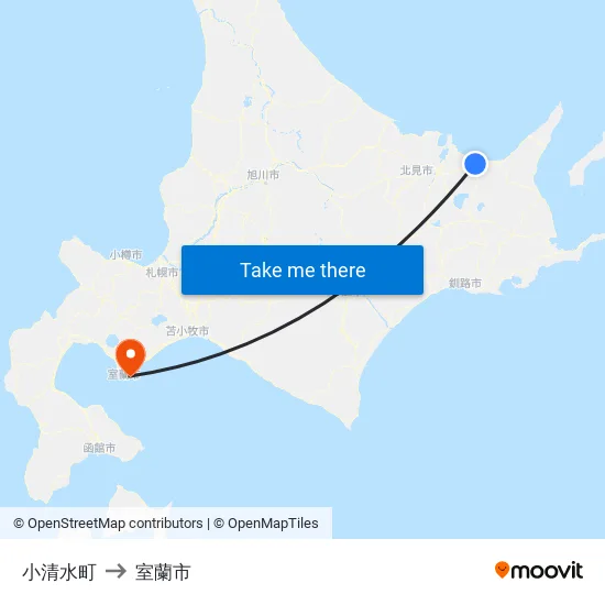 小清水町 to 室蘭市 map