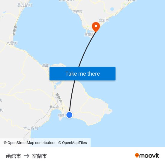 函館市 to 室蘭市 map