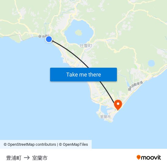 豊浦町 to 室蘭市 map