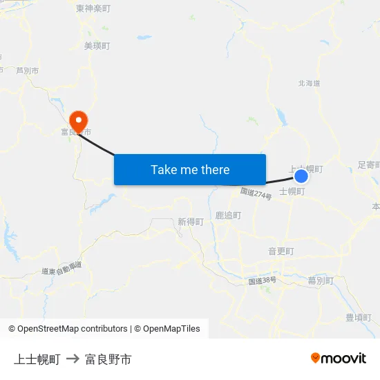 上士幌町 to 富良野市 map