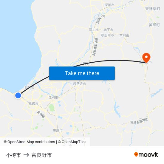 小樽市 to 富良野市 map