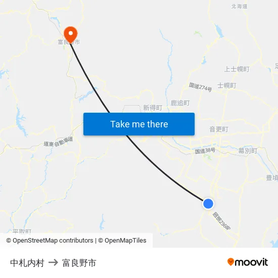 中札内村 to 富良野市 map