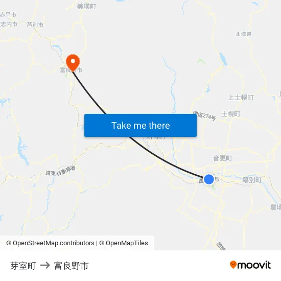 芽室町 to 富良野市 map