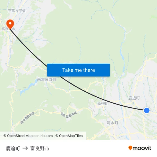 鹿追町 to 富良野市 map