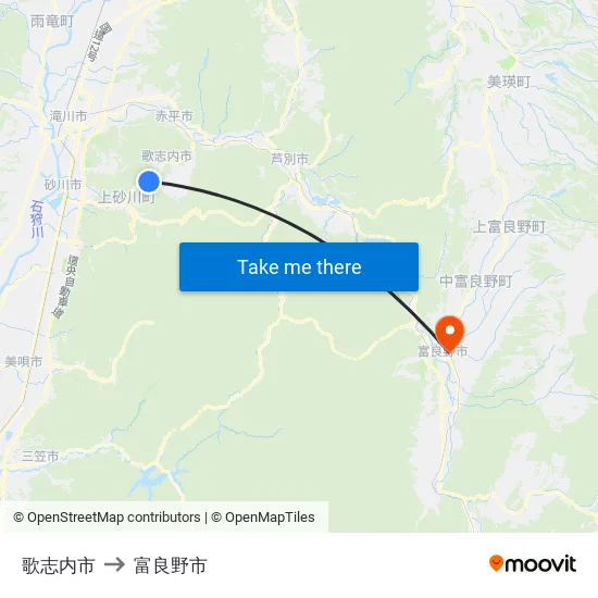 歌志内市 to 富良野市 map
