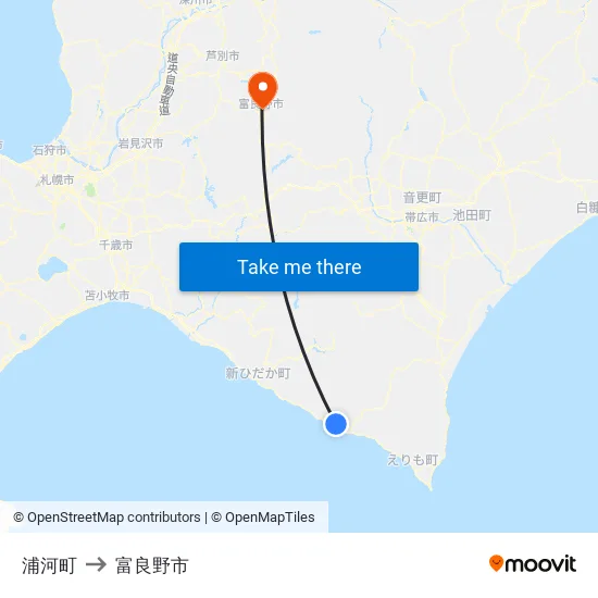 浦河町 to 富良野市 map